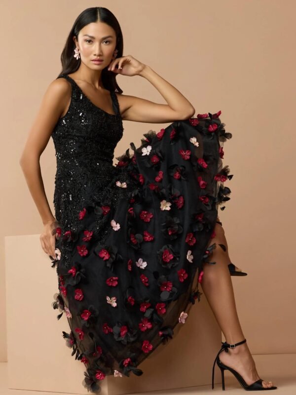 Black Sleeveless Beaded Midi Dress With 3D Flowers