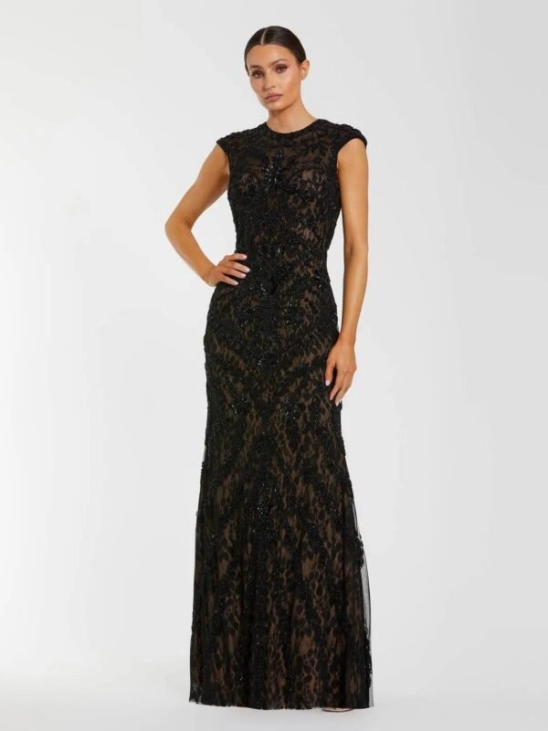 Black Embellished Lace Cap Sleeve Evening Gown
