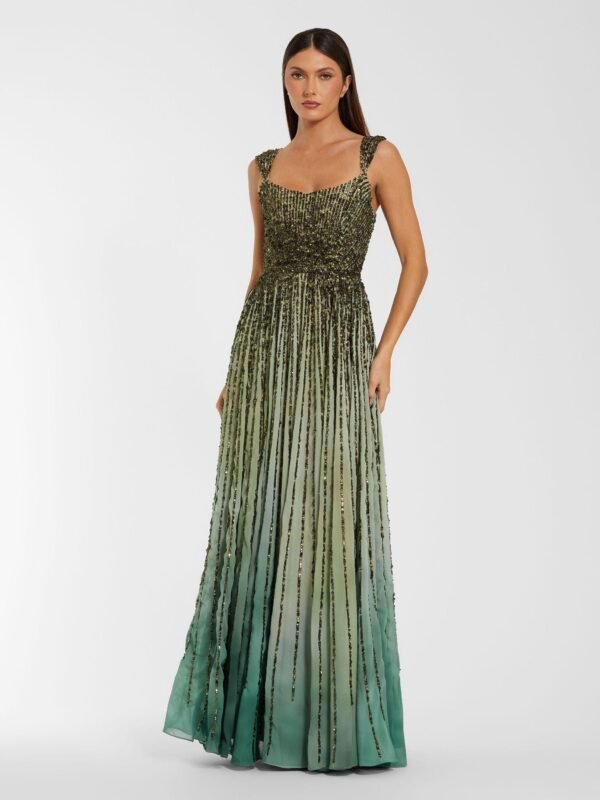 Green Sleeveless Sequin A Line Ombre Gown