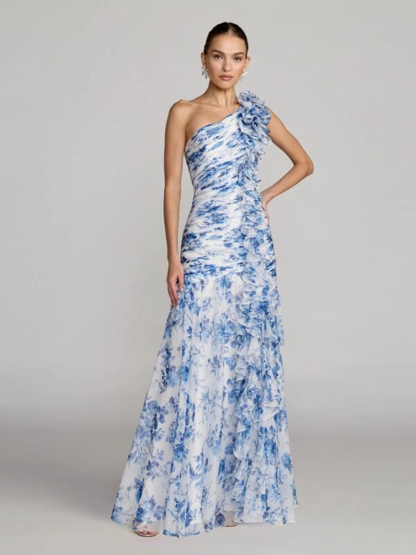 Blue Ruched Floral Chiffon Gown With 3D Ruffles