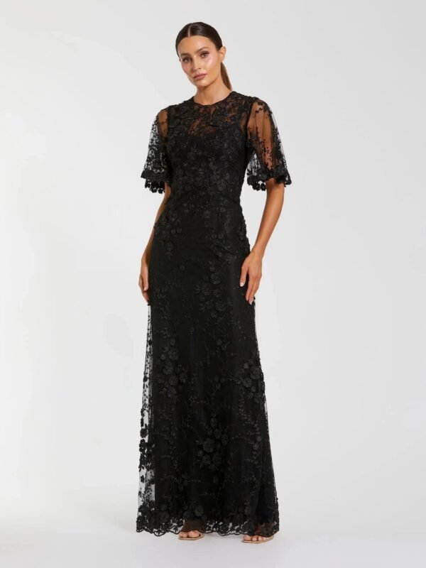 Black Flutter Sleeve Floral Embroidered Net Gown