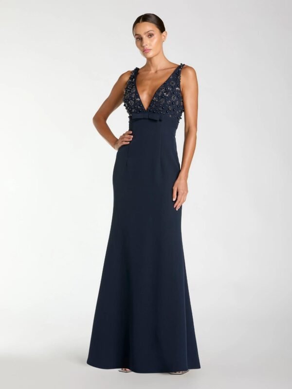 Navy Sleeveless Embellished Crepe Gown With Bow