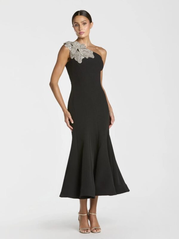 Black Crepe One Shoulder Midi Dress With 3D Flower