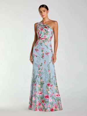 Blue One Shoulder Floral Embroidered Gown