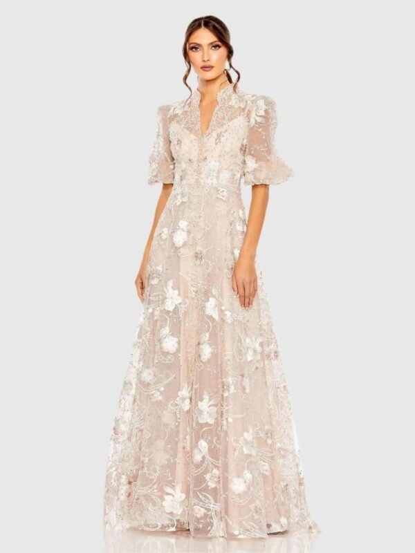 Petite Pink Queen Anne Puff Sleeve A-Line Gown