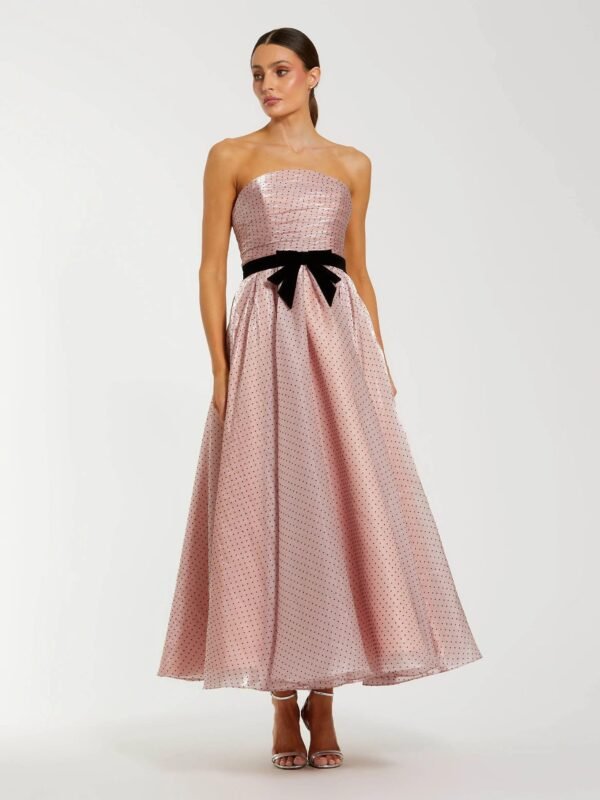 Pink Strapless Polka Dot Midi Dress With Velvet Bow