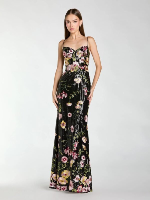 Black Sleeveless Bustier Floral Applique Gown