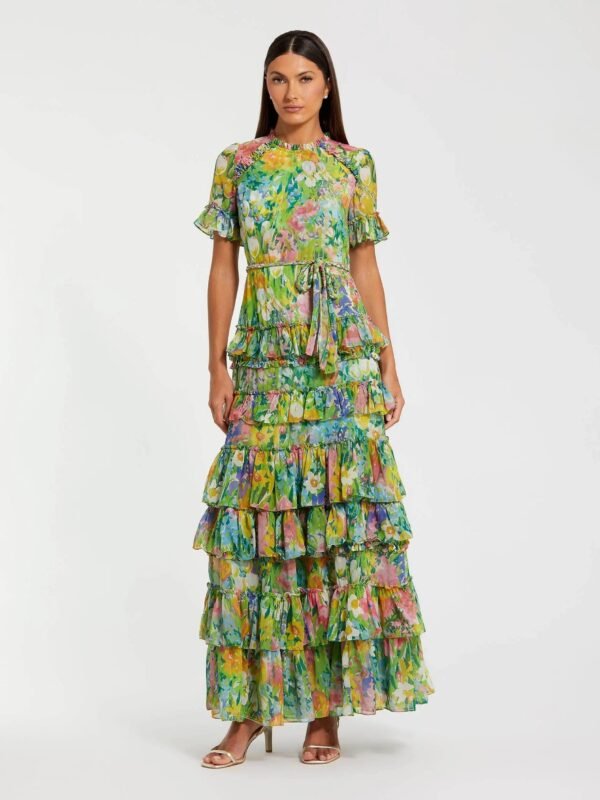Petite Green Ruffle Tiered Chiffon Floral Dress