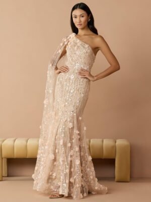 Beige One Shoulder Embellished Gown With Cape Sleeve