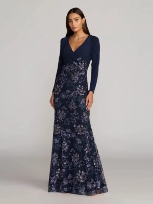 Navy Floral Embroidered Jersey Long Sleeve Gown