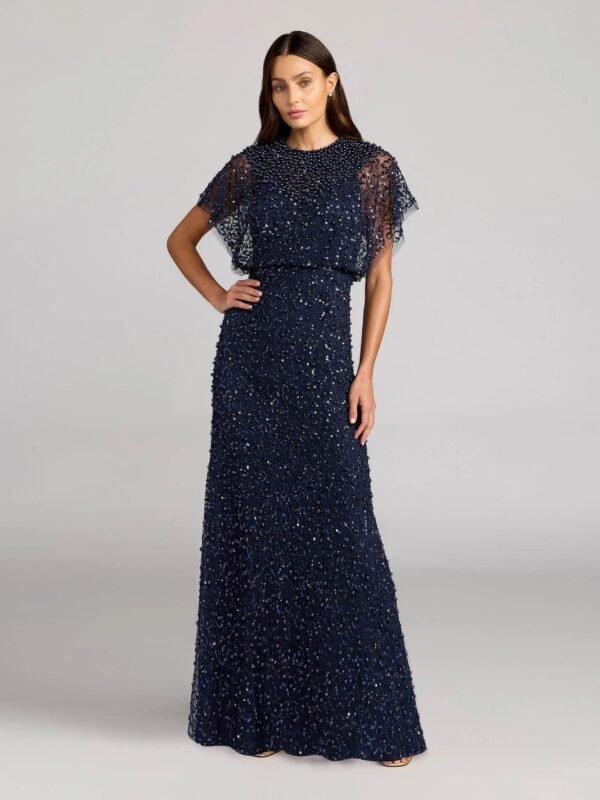 Petite High Neck Short Sleeve Embellished Gown