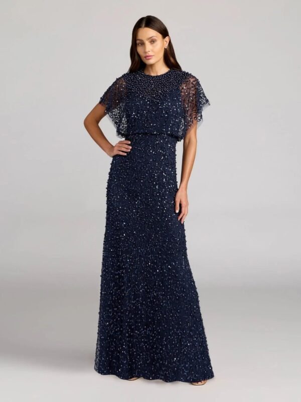 Navy High Neck Short Sleeve Embellished Gown