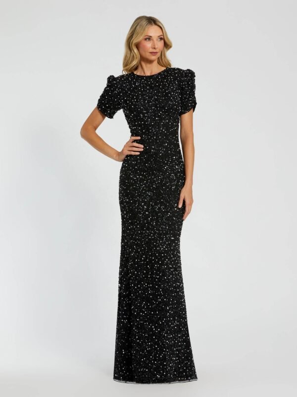 Petite Black Gathered Short Sleeve Embellished Gown