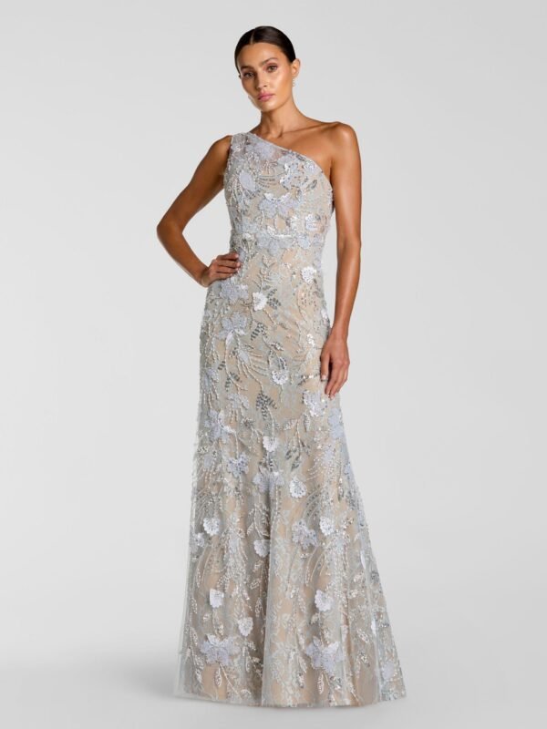 Petite Blue Sleeveless One Shoulder Embellished Lace Gown
