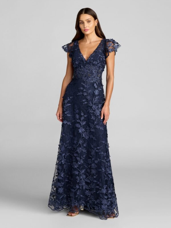 Petite Embroidered Applique Wrap Over Flutter Sleeve Gown