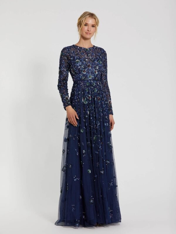 Petite Navy Embellished High Neck Long Sleeve A Line Gown
