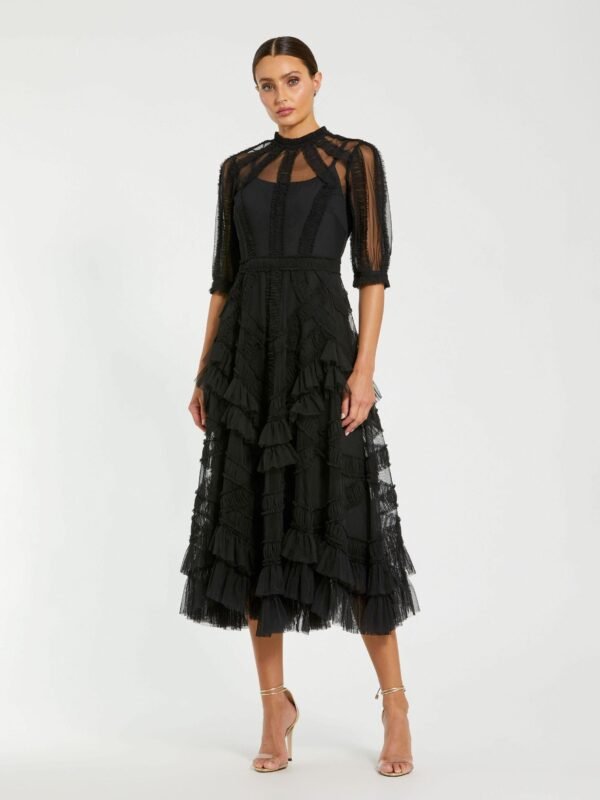 Petite High Neck Puff Sleeve Ruffle Tiered Dress