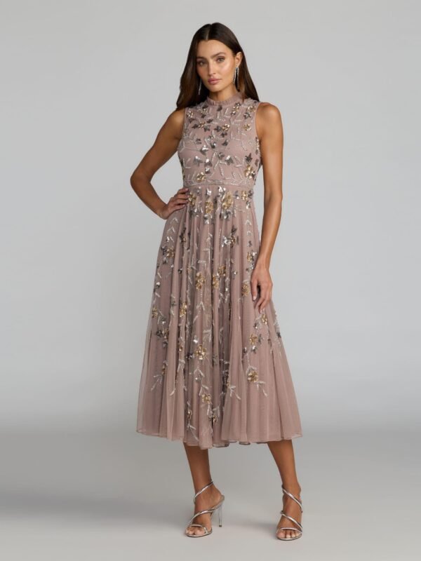 Pink Embellished High Neck Sleeveless Midi Dress