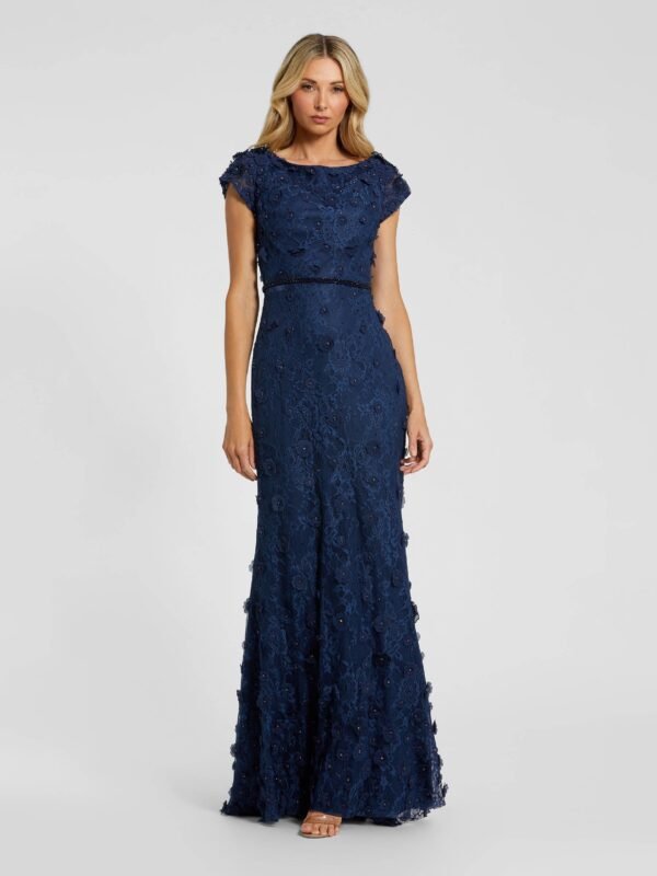 Petite Floral Applique Boat Neck Cap Sleeve Gown