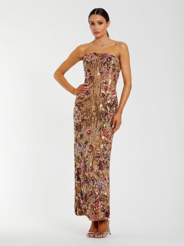 Petite Gold Floral Embellished Strapless Column Dress