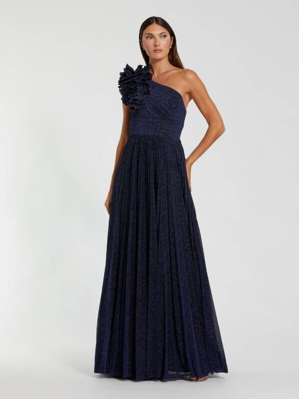 Navy Pleated One Shoulder Ruffle Gown