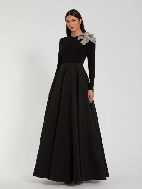 Petite Black Long Sleeve Ball Gown with Rhinestone Flower