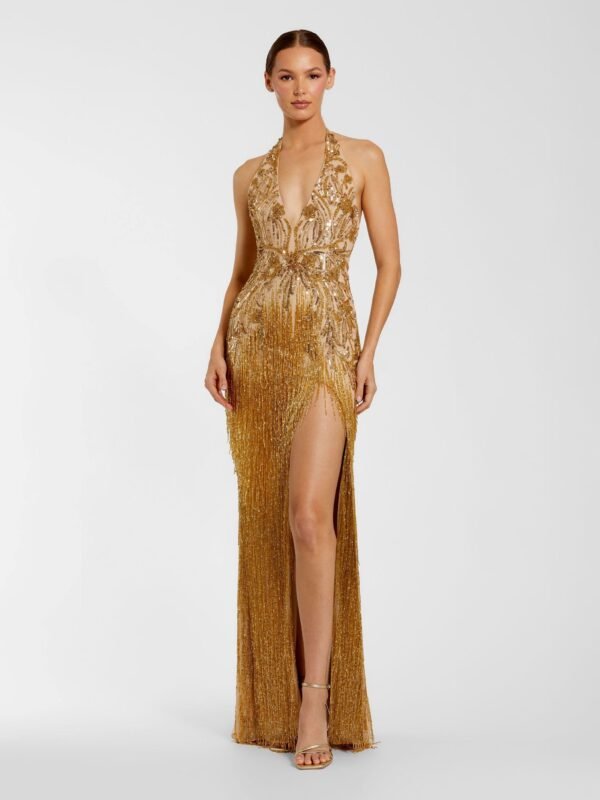 Gold Embellished Halter Gown With Beaded Fringe