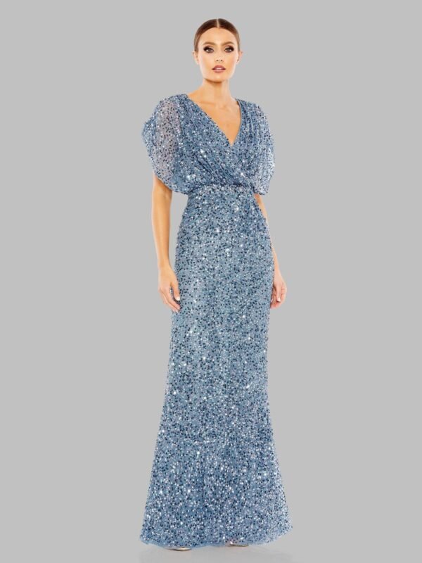 Petite Blue Sequin Draped Sleeve V-Neck Gown