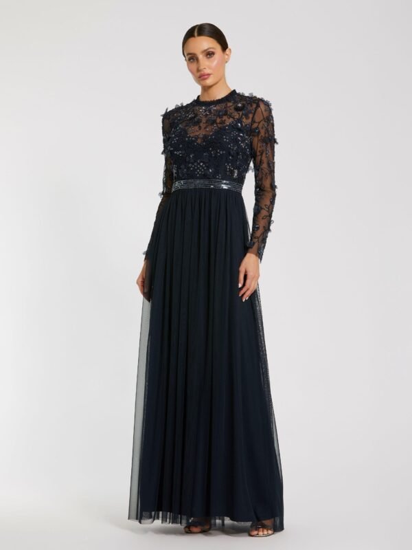 Petite Navy Embellished Illusion High Neck Long Sleeve Gown