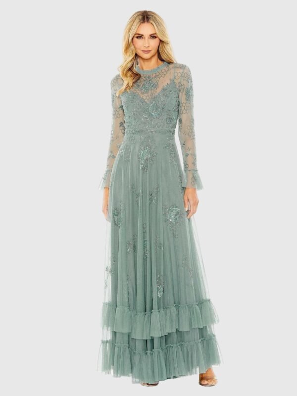 Petite Green Embellished Long Sleeve Ruffle Gown
