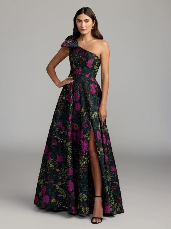 Black One Shoulder Brocade Floral Gown With Bow