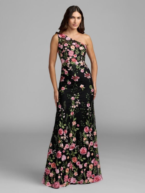Petite Black One Shoulder Floral Embroidered Gown