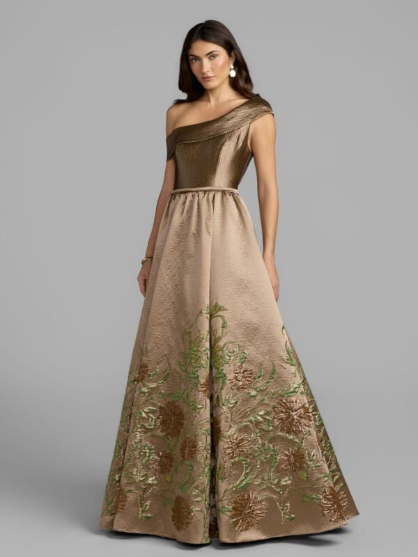 Petite Beige Floral Off The Shoulder Ball Gown