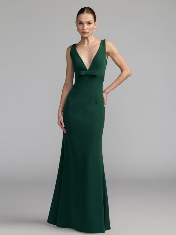 Petite Emerald Green Sleeveless V Neck Mermaid Gown With Bow