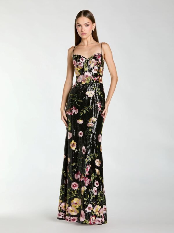 Petite Black Sleeveless Bustier Floral Applique Gown