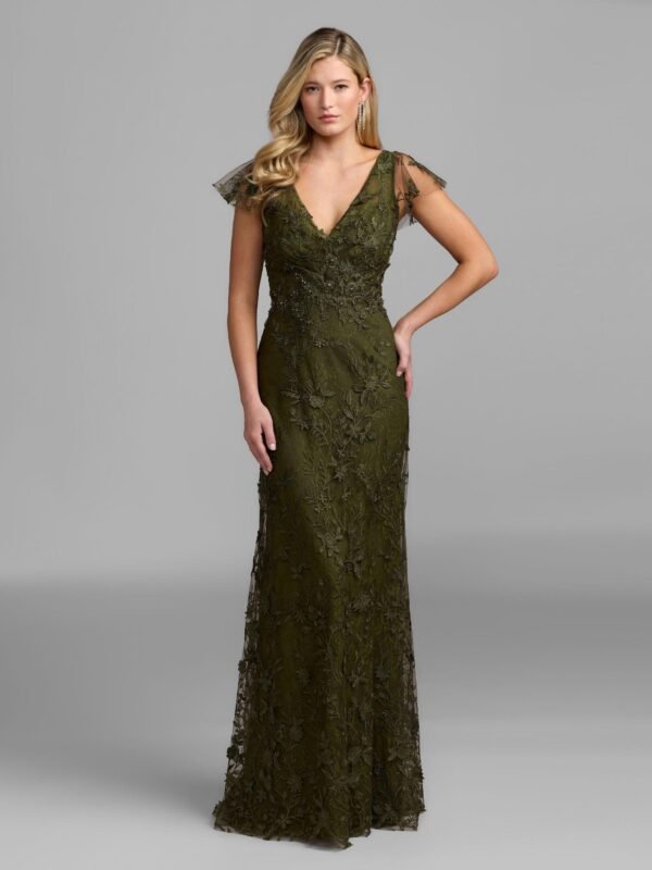 Petite Olive Embroidered Applique Wrap Over Flutter Sleeve Gown