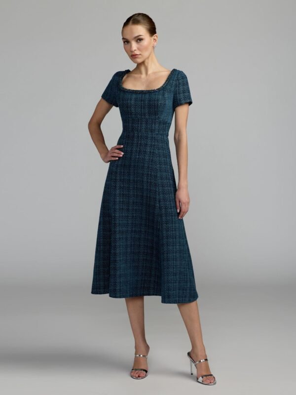 Petite Blue Short Sleeve Embellished Boucle Midi Dress