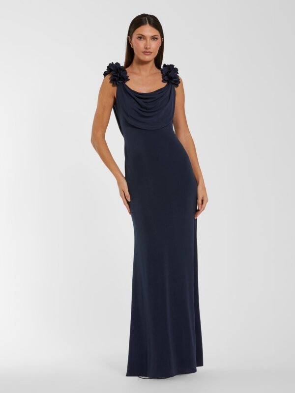 Petite Navy Cowl Neck Jersey Gown With 3D Flower Straps