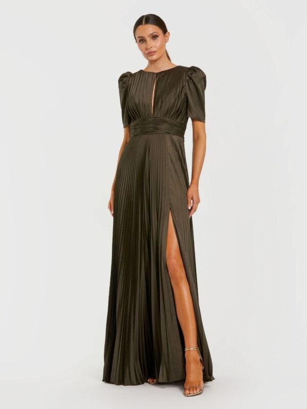 Petite Dark Green Short Sleeve Pleated Evening Gown With Slit