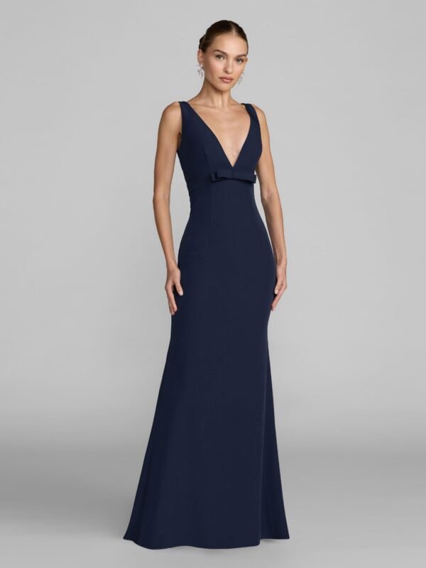 Petite Navy Sleeveless V Neck Mermaid Gown With Bow