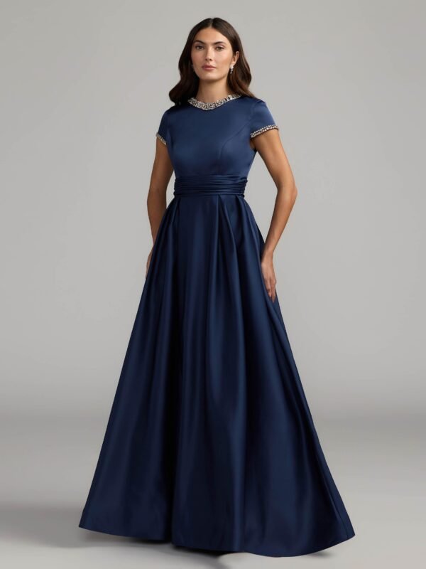 Navy Embellished Satin High Neck Ball Gown