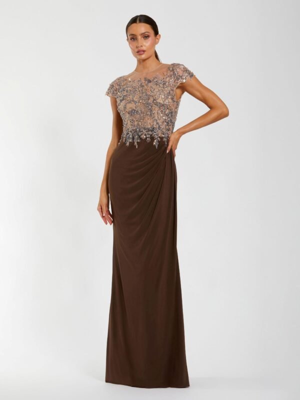 Petite Brown High Neck Embellished Jersey Gown