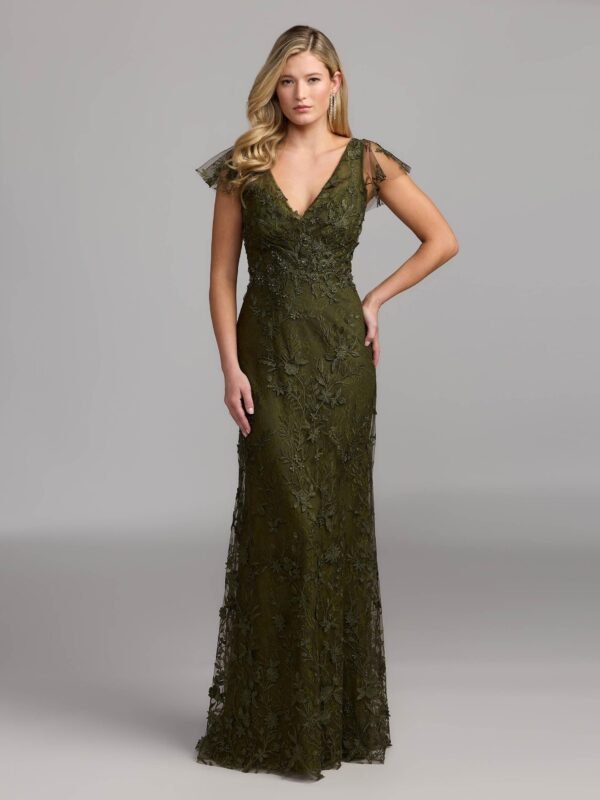 Olive Embroidered Applique Wrap Over Flutter Sleeve Gown