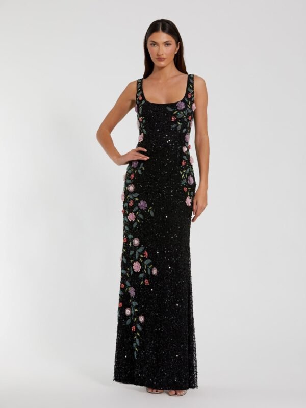 Petite Black Floral Beaded Scoop Neck Sleeveless Gown
