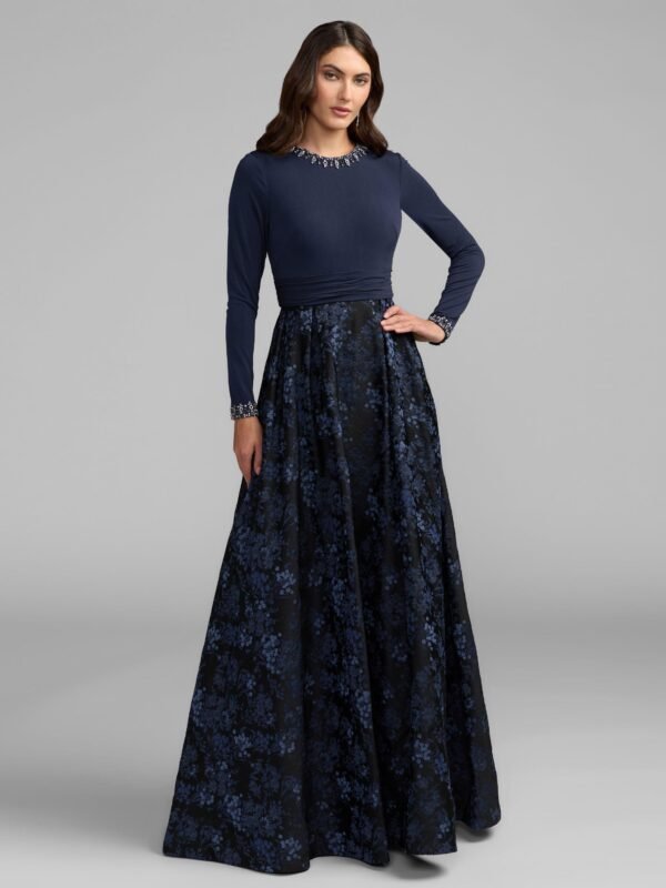 Navy Floral Brocade A-Line Gown With Pockets