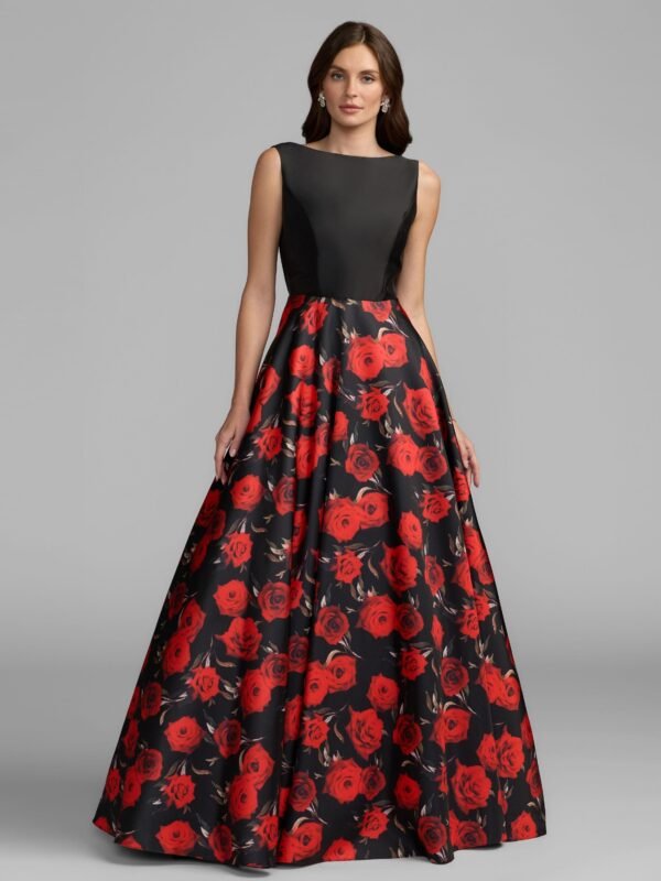 Petite Black And Red Floral Open Back Ball Gown