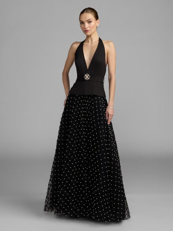 Petite Black Halter Pearl Embellished A-Line Gown