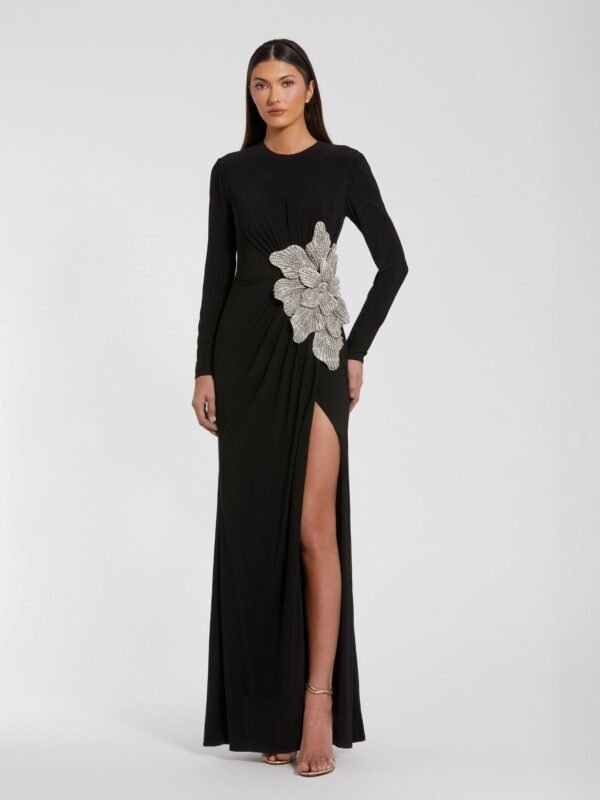 Petite Black Long Sleeve Jersey Gown With Embellished Flower