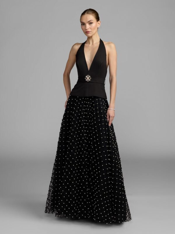 Black Halter Pearl Embellished A-Line Gown