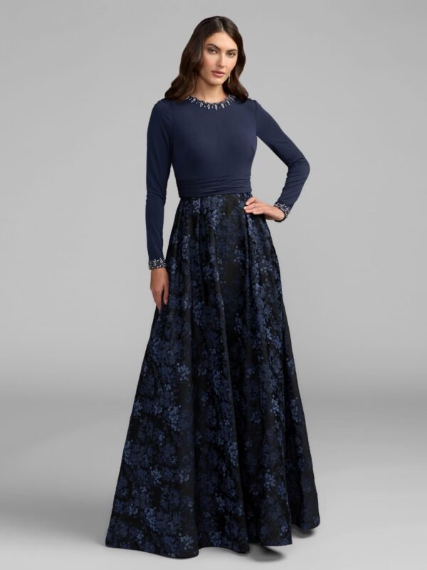 Petite Navy Floral Brocade A-Line Gown With Pockets